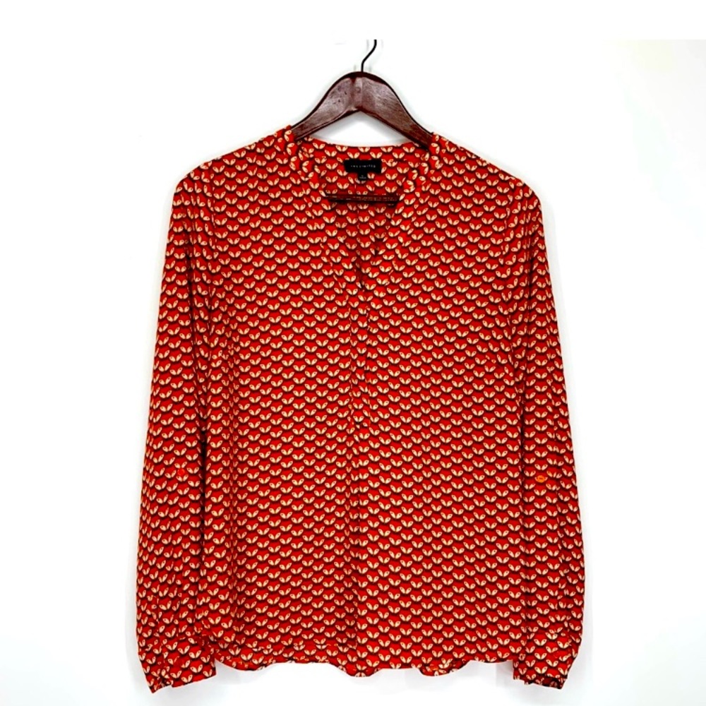 The Limited Orange All Over Fox Print Blouse Roll Tab Size Large.